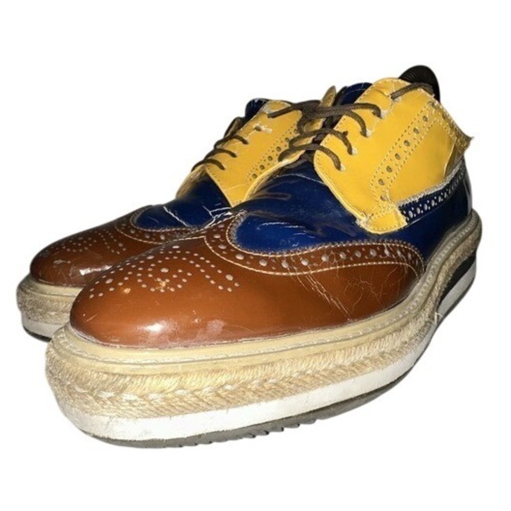 Vtg Prada Platform Brogue Shoes Mens 9 Colorblock Patent Leather‎ Wingtip Retro